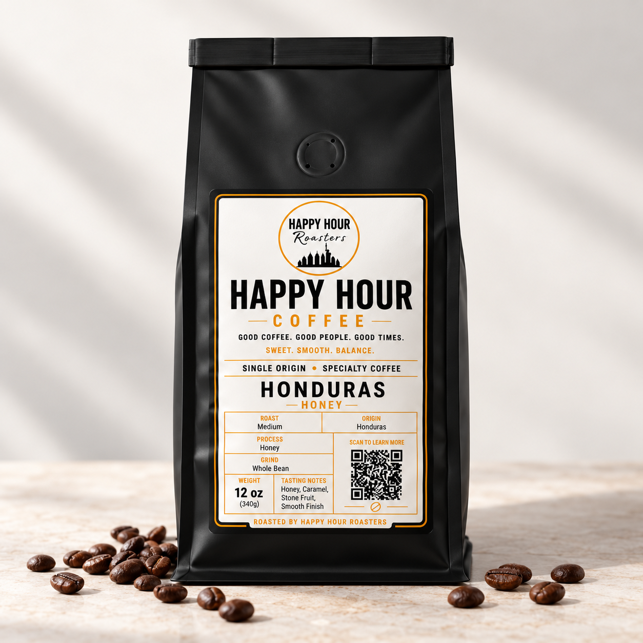 Review-stage visual of two plain HHR coffee bags with blank labels.