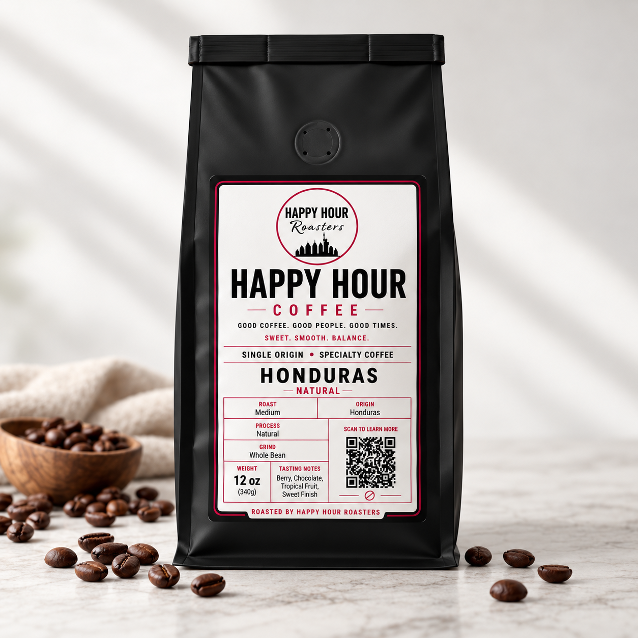 Review-stage visual of a plain cream HHR coffee bag and a cup of coffee.